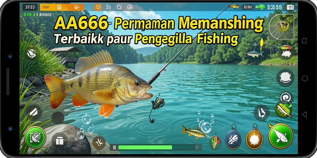 Screenshot gameplay AA666 yang menampilkan aksi memancing seru di alam bebas.