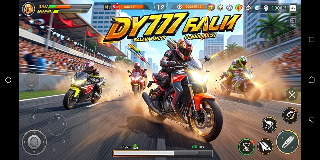 Tampilan gameplay DY777 yang penuh aksi dan balapan motor yang mendebarkan.