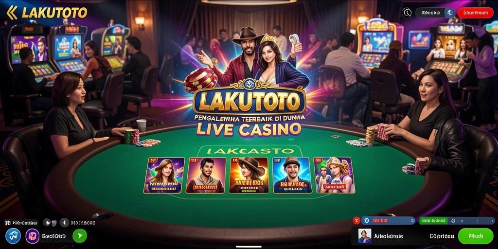 Screenshot gameplay <strong>LAKUTOTO</strong> menunjukkan dealer profesional berinteraksi dengan pemain di meja kasino.