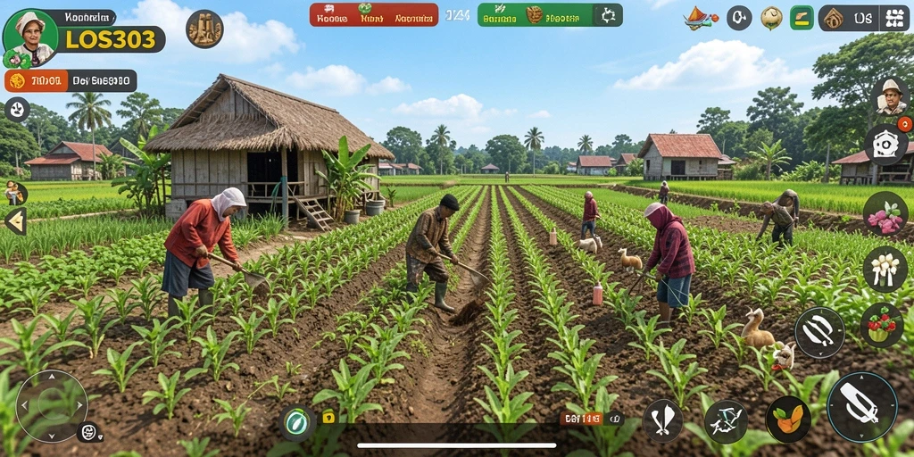 Gameplay LOS303 menampilkan keragaman tanaman dan alat pertanian yang menarik.