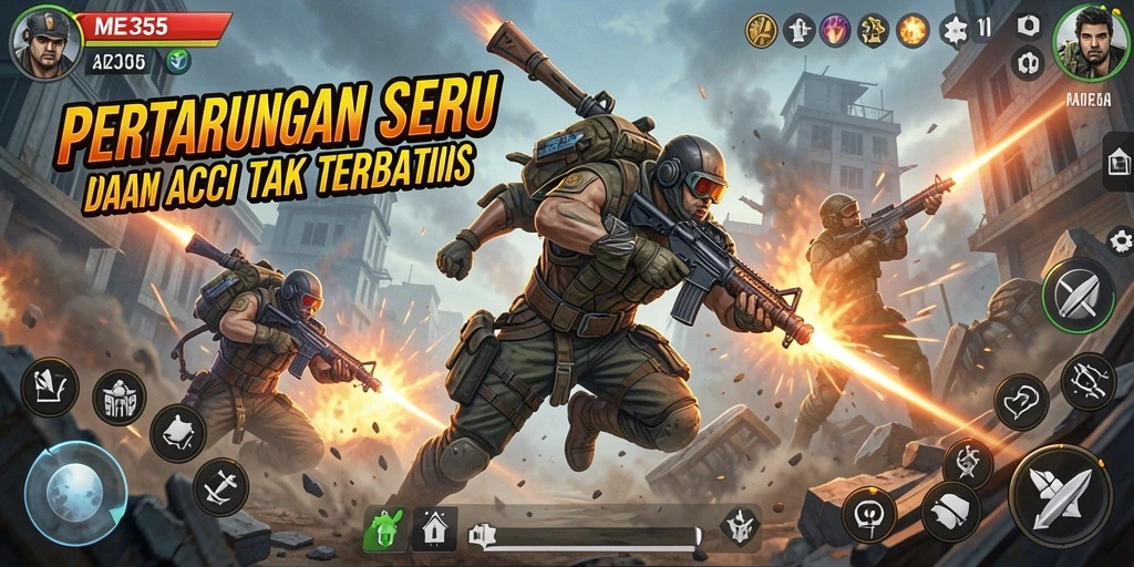 Screenshot utama ME355 menampilkan aksi pertarungan yang intens dan dinamis.
