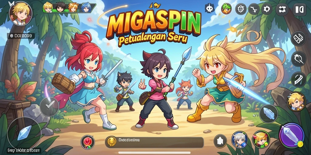 Tangkapan layar utama MIGASPIN menampilkan aksi karakter dalam dunia anime.