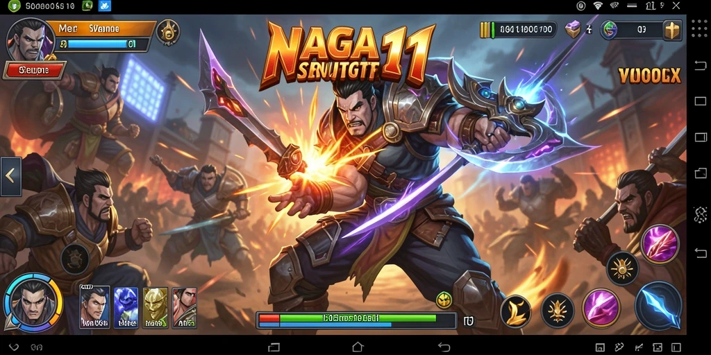 Screenshot utama NAGA11 menunjukkan duel epik karakter di arena Fighting.