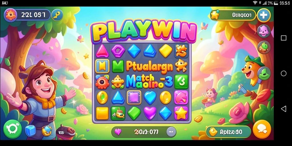 Screenshot utama PLAYWIN menampilkan gameplay seru Match-3 dengan kombinasi warna yang menarik.