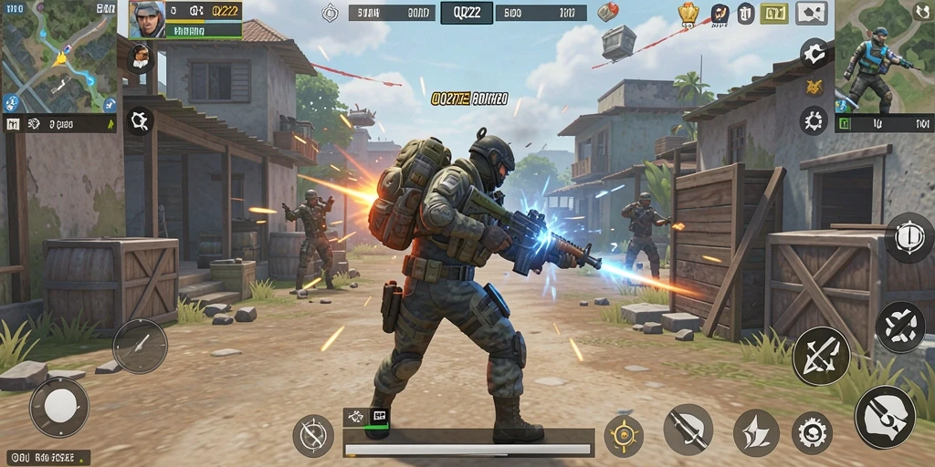 Tampilan gameplay QQ222 yang penuh aksi dan strategi Battle Royale.