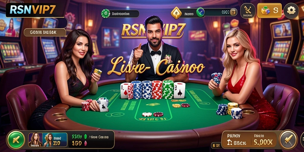 Screenshot gameplay RSNVIP7 menampilkan dealer cantik dan aksi permainan live casino.